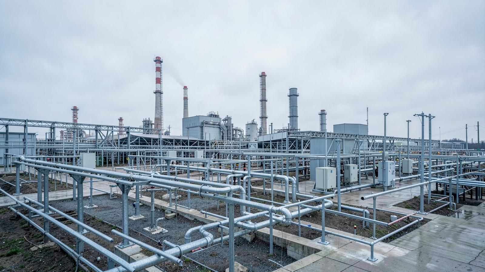 Industrial energy facility with pipework and electrical infrastructure